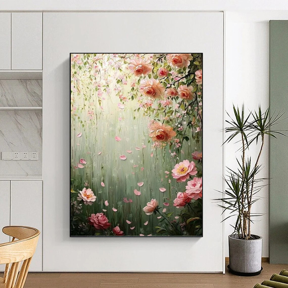 “Blush Blossoms” - Green, Pink & White Floral Waterfall Painting On Canvas DKH1553