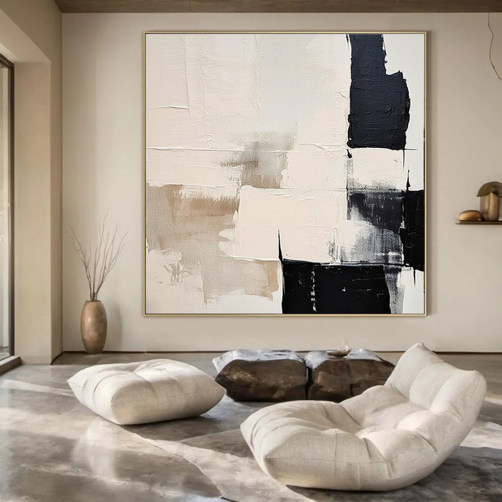 “Beige - Black & White Textured Blocks” – Abstract Block Art CT0978