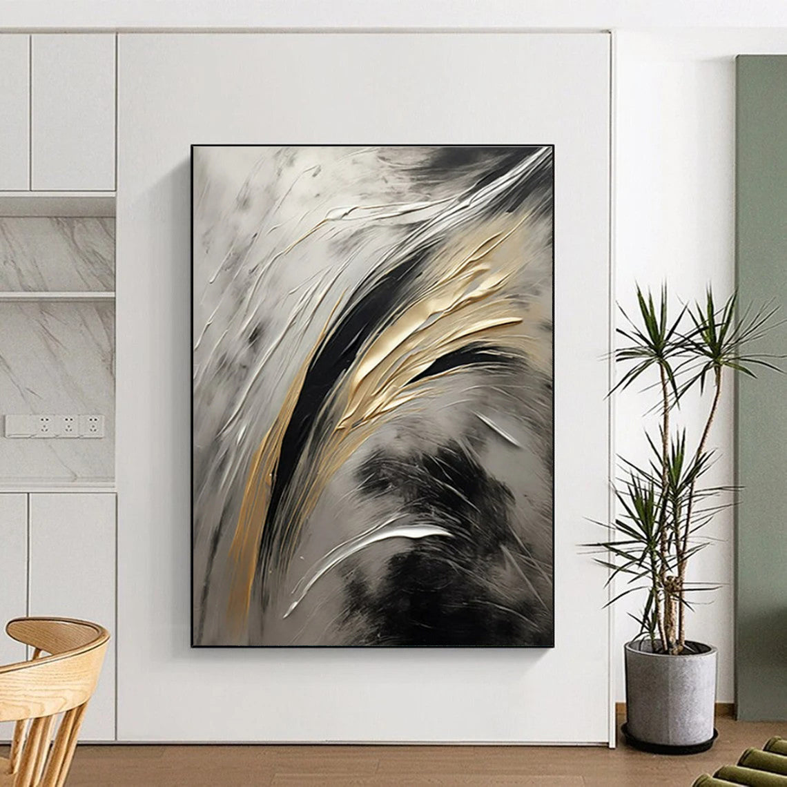 “Gray - Black - Gold Flowing Textures” ,Abstract Acrylic Painting CT0834