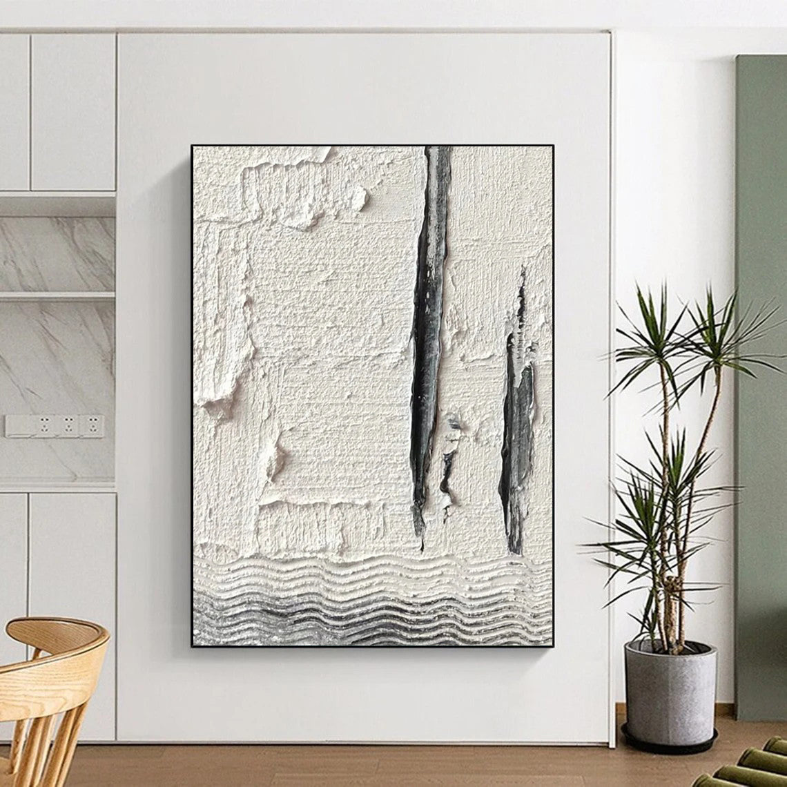 “White, Gray Textured Lines ‘Subtle Structure’” - Impasto Abstract Painting On Canvas DTP371