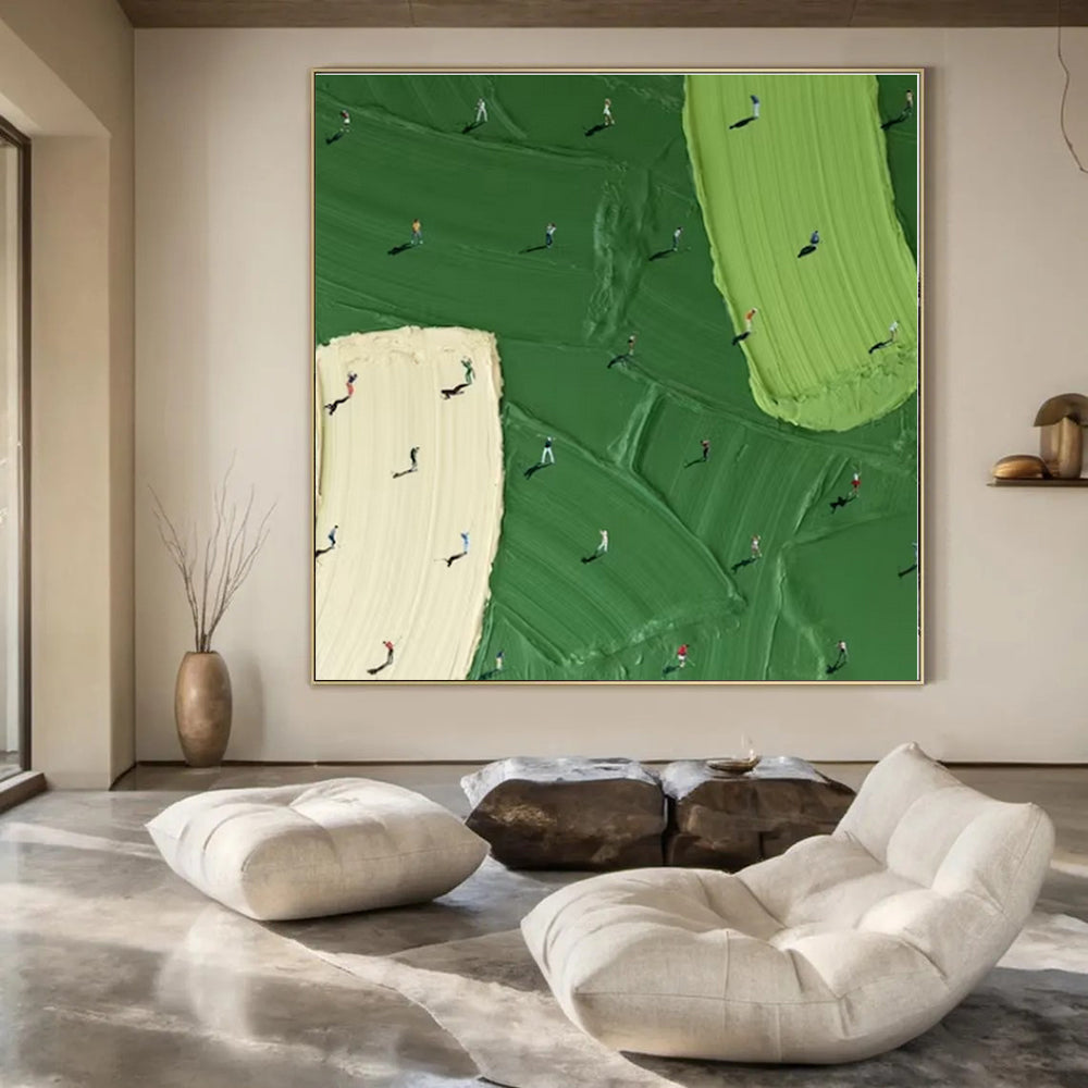 Miniature Figures on Textured Fields - Conceptual Impasto Acrylic On Canvas CT1353