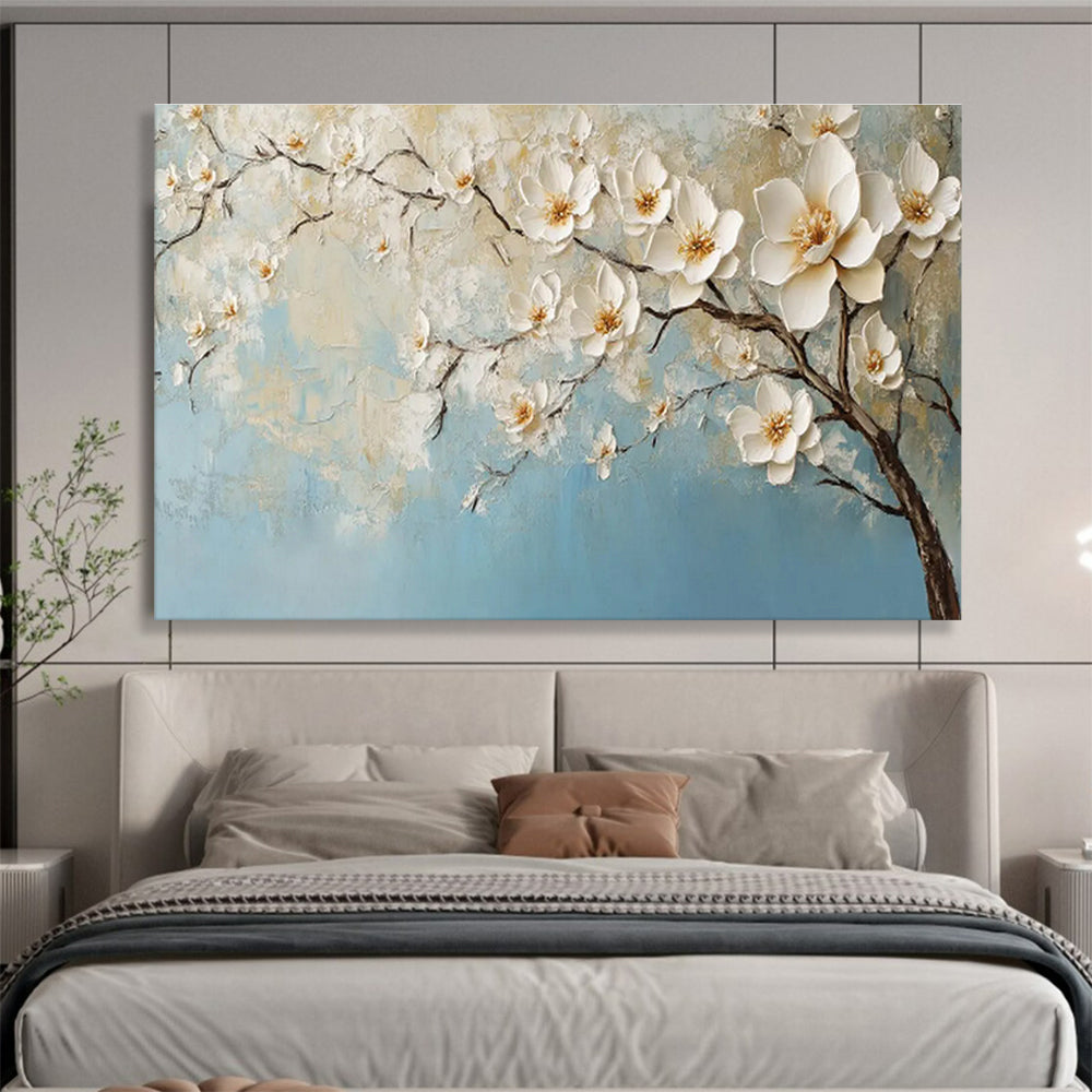 Textured White Blossoms on Blue Painting On Canvas DKH671
