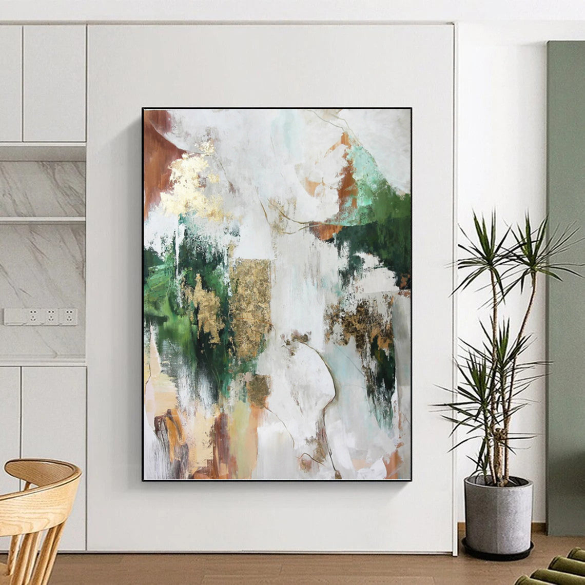 “Multicolor Abstract with Gold” - Green, Gold, Brown & White Eclectic Painting On Canvas DKH1011