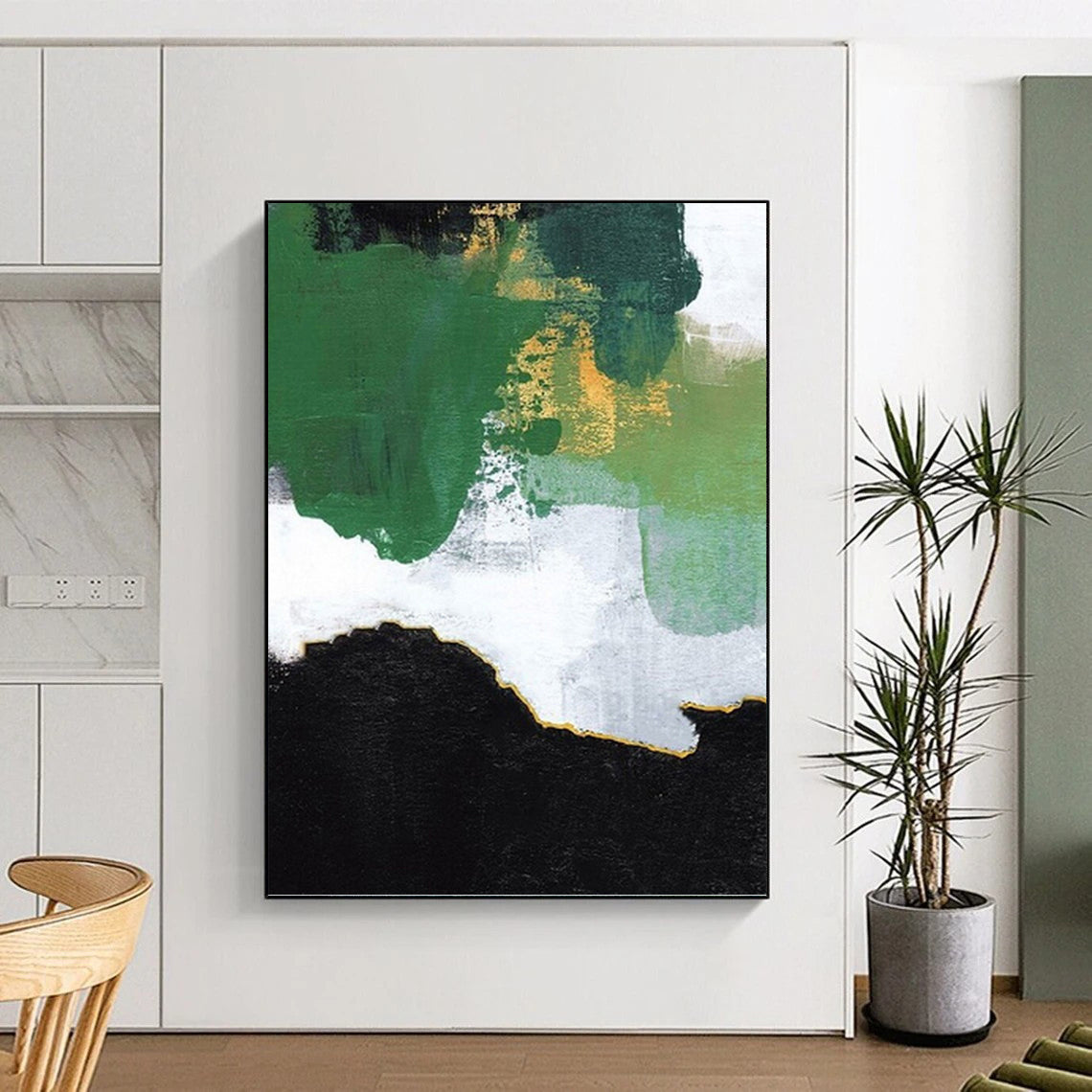 “Green, Gold & Black Abstract Layers” - Green, Gold, Black & White Abstract Painting On Canvas DKH1222
