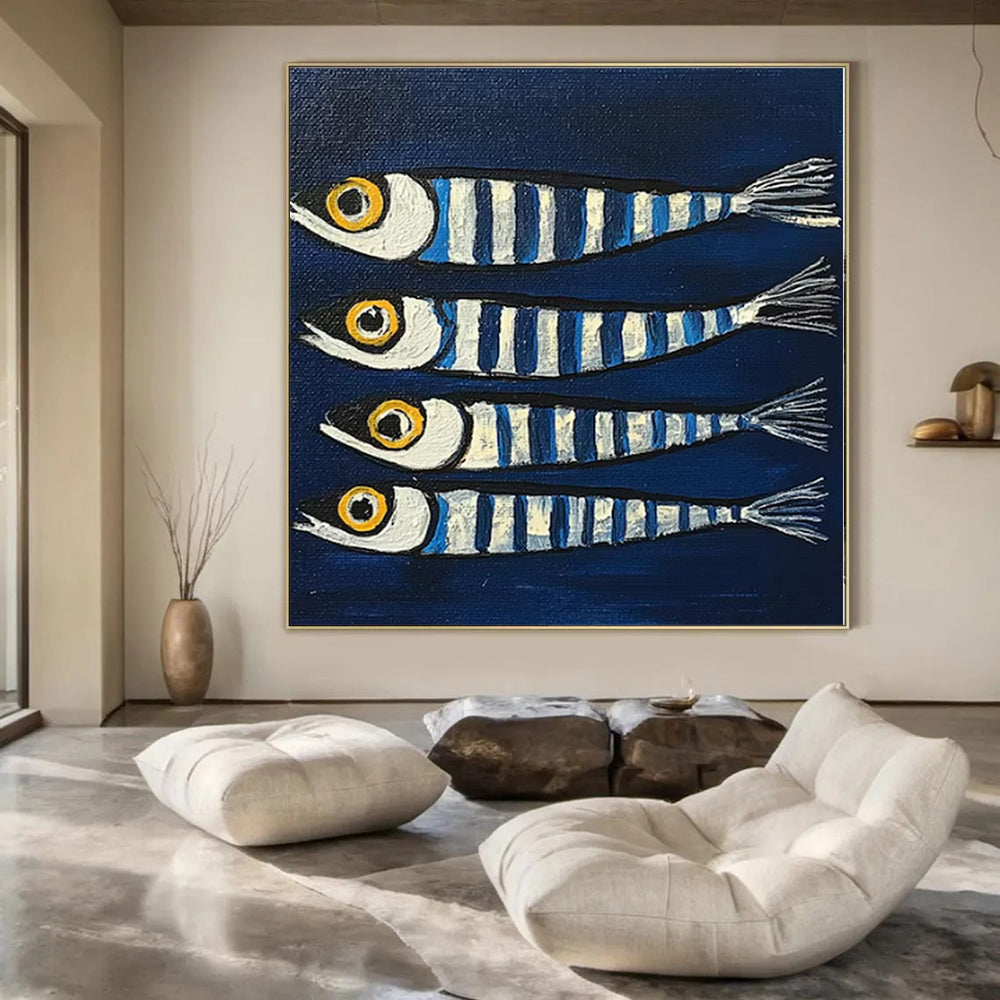 “Striped Fish on Blue” – Naive Art Painting CT1189