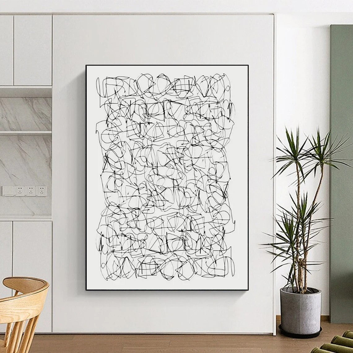 “Intricate Black & White Line Web” - Minimalist Abstract Drawing On Canvas CT2315