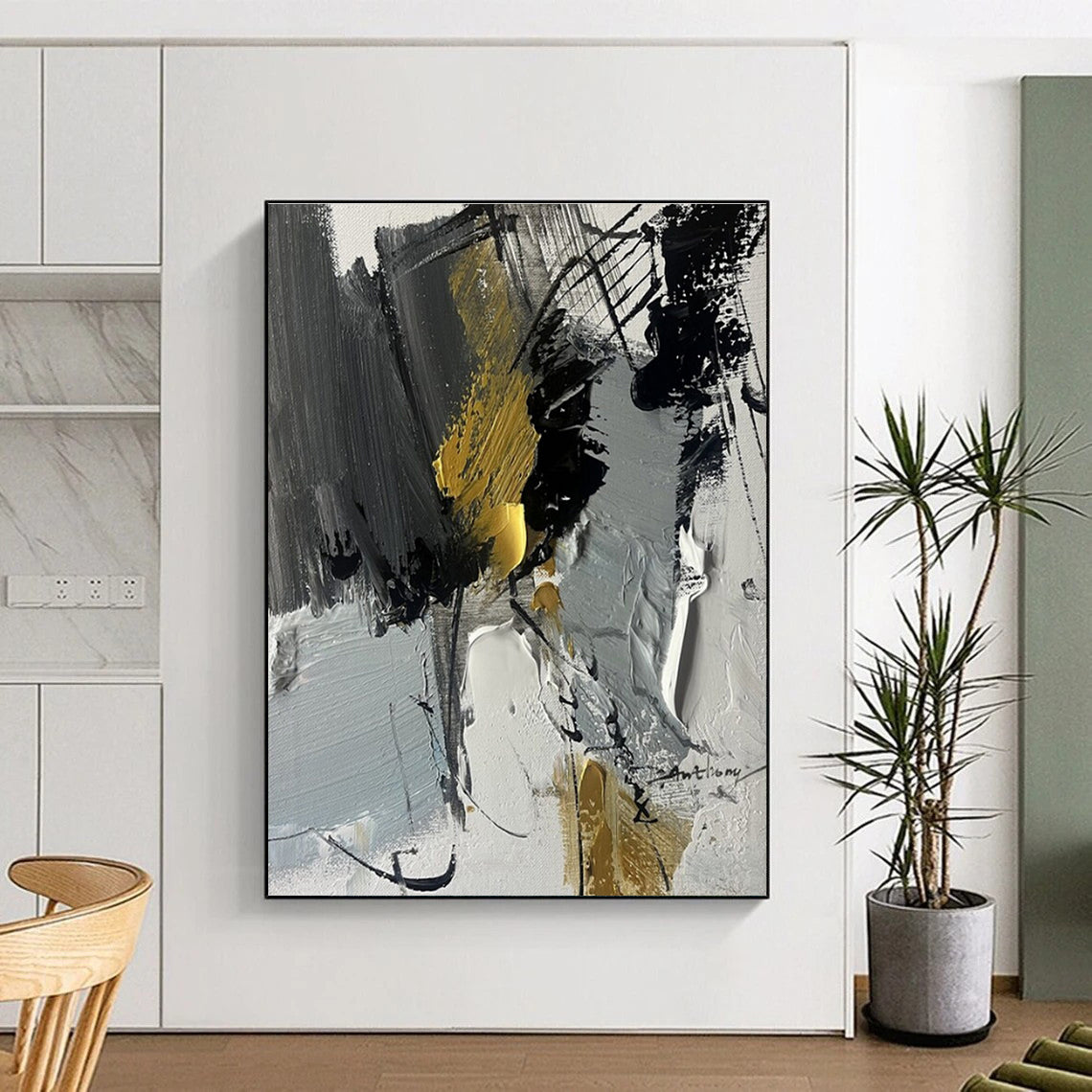 “Gray - Black - Gold Abstract Fusion” ,Abstract Acrylic Painting CT0792