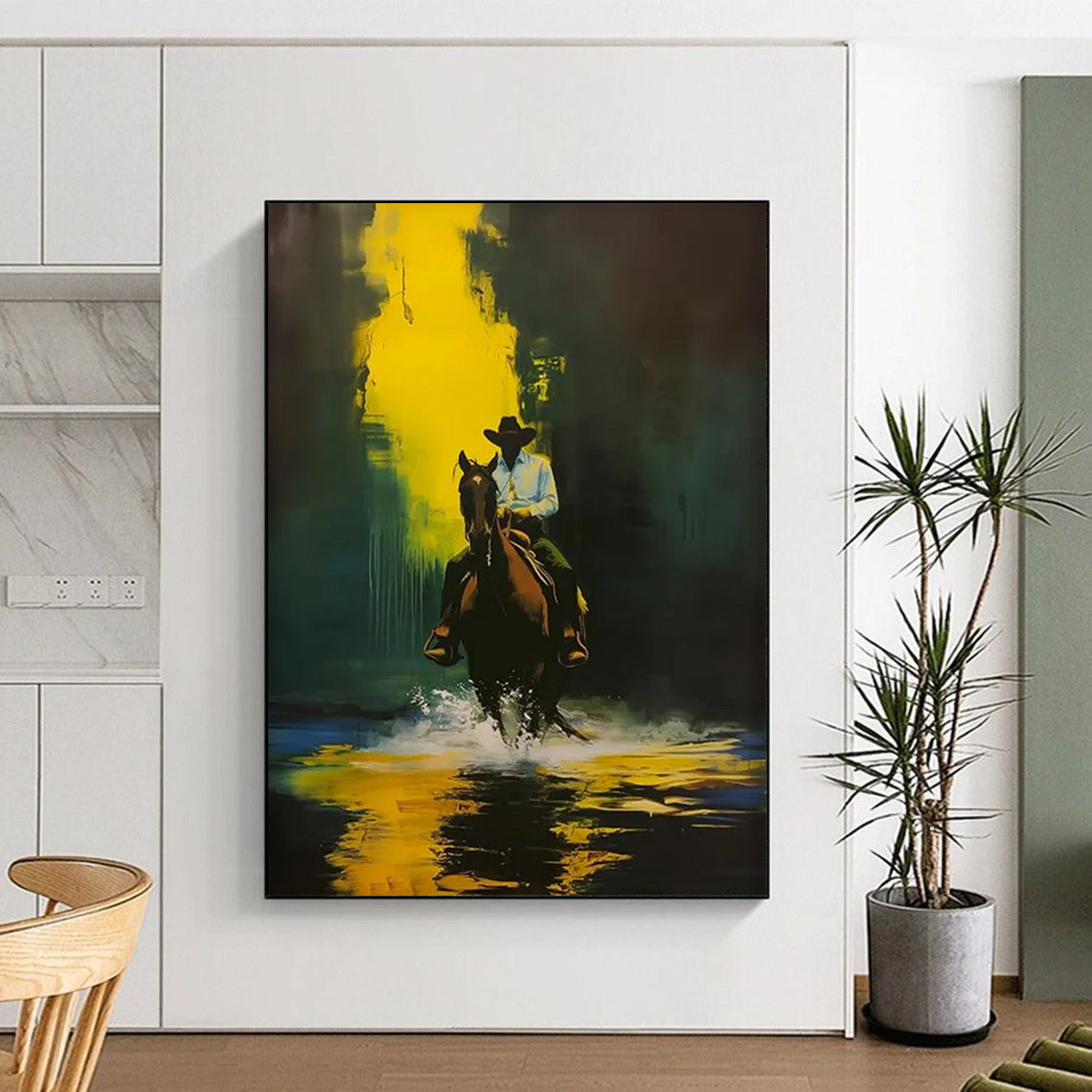 “Cowboy on Horse in Yellow - Green” - Dramatic Western - Inspired Painting On Canvas DTP104