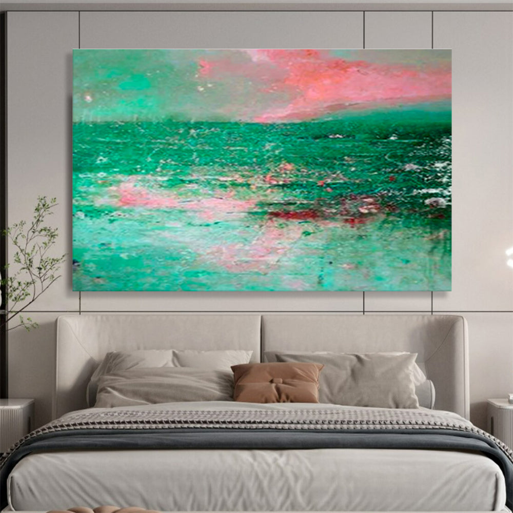 “Pink & Green Abstract Seascape” Abstract Expressionist Painting On Canvas DKH398