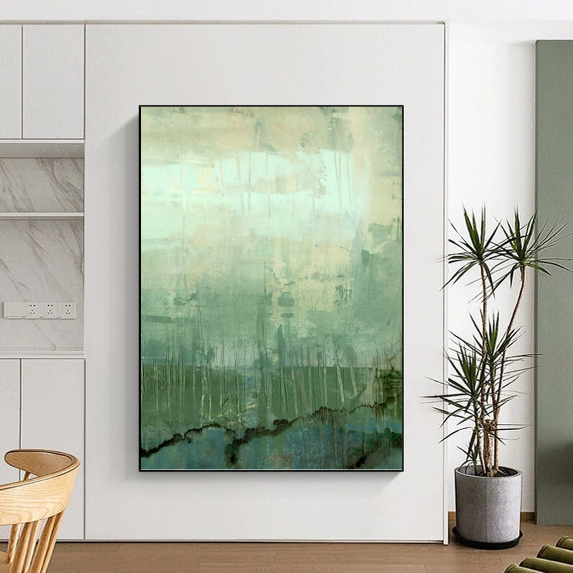 “Green - Blue Abstract Landscape” - Green, Blue & Gray Textured Painting On Canvas DKH0952