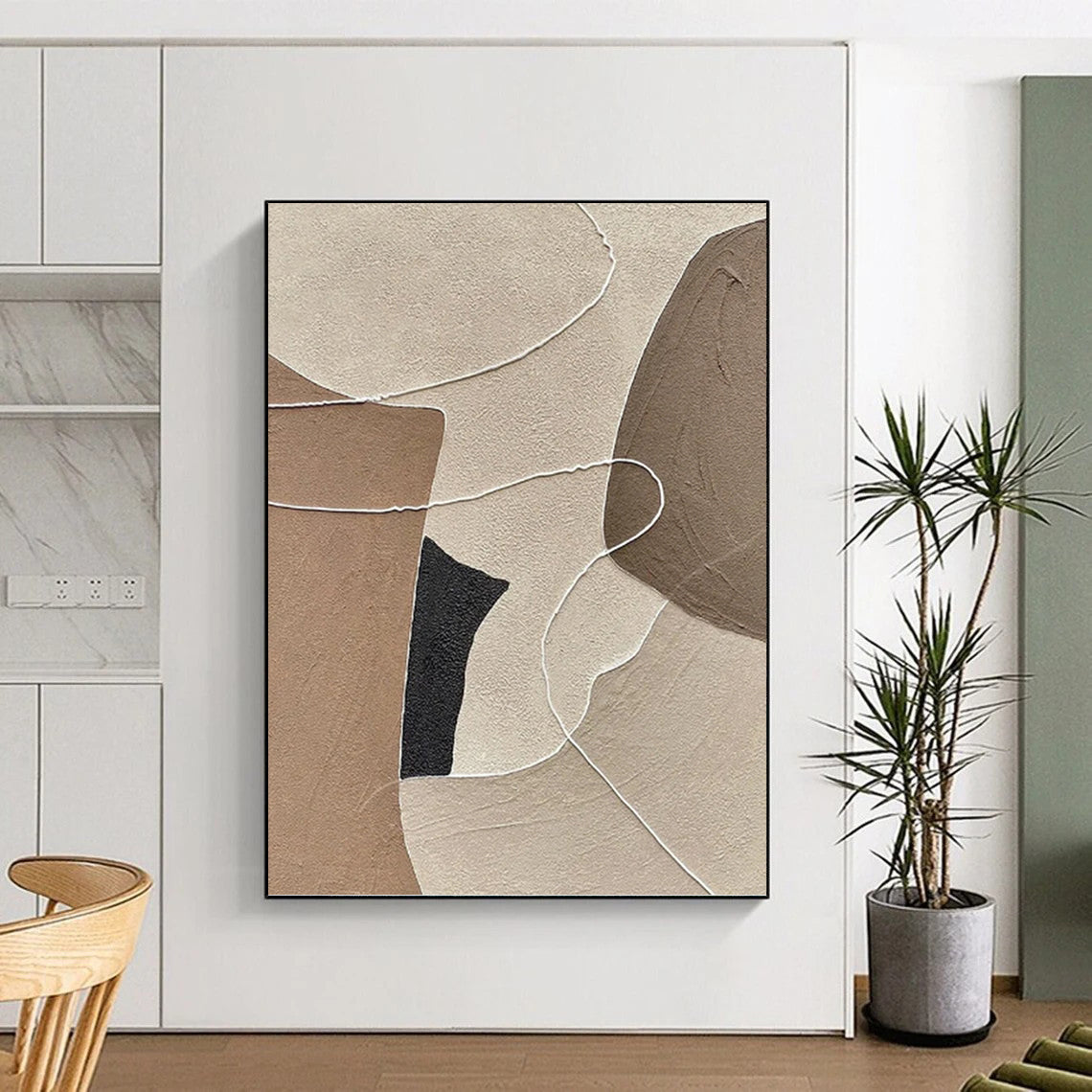 “Neutral - Toned Abstract with White Lines and Shapes” - Minimalist Textured Painting On Canvas DKH1112