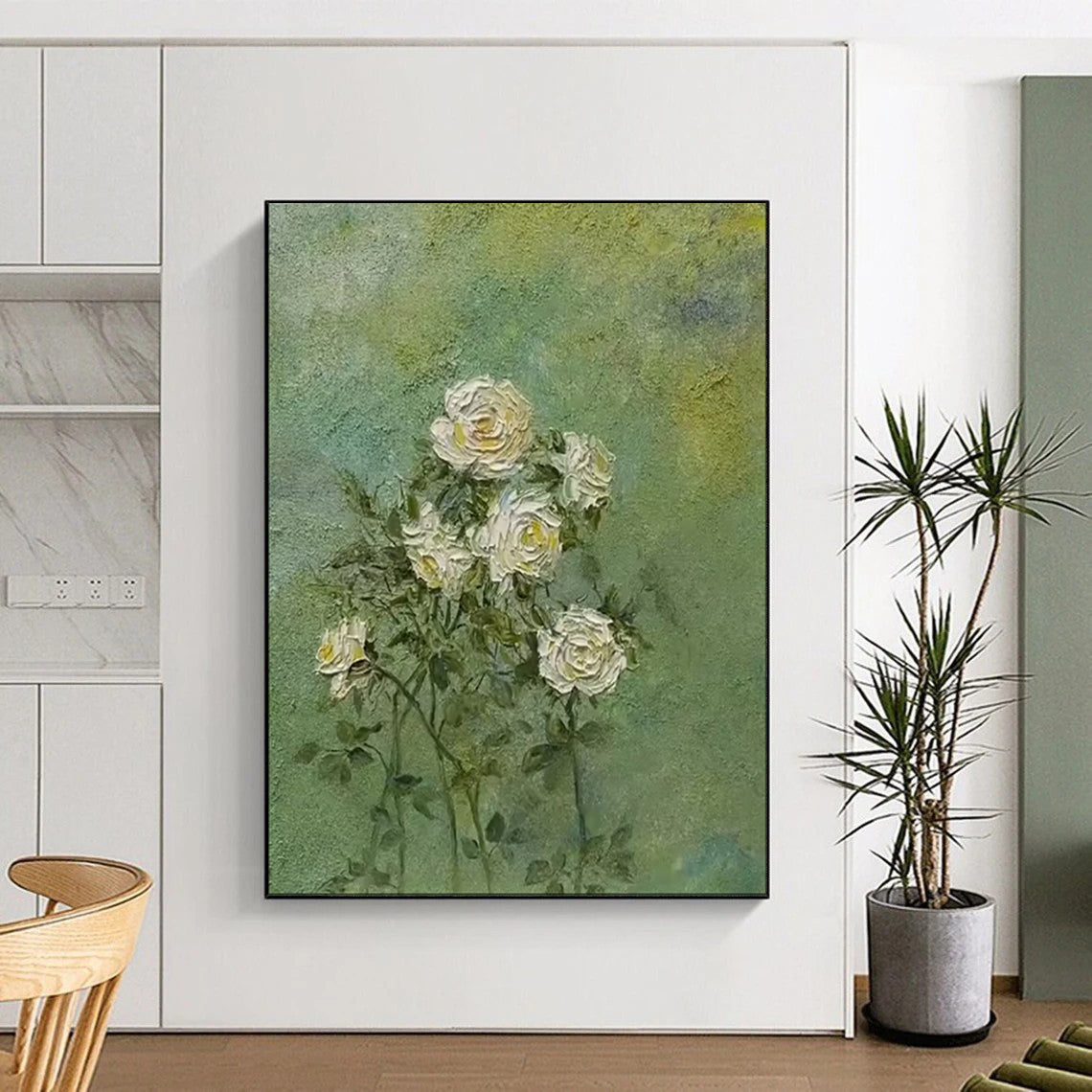“White Roses on Green” - Textured Floral Painting CT1987