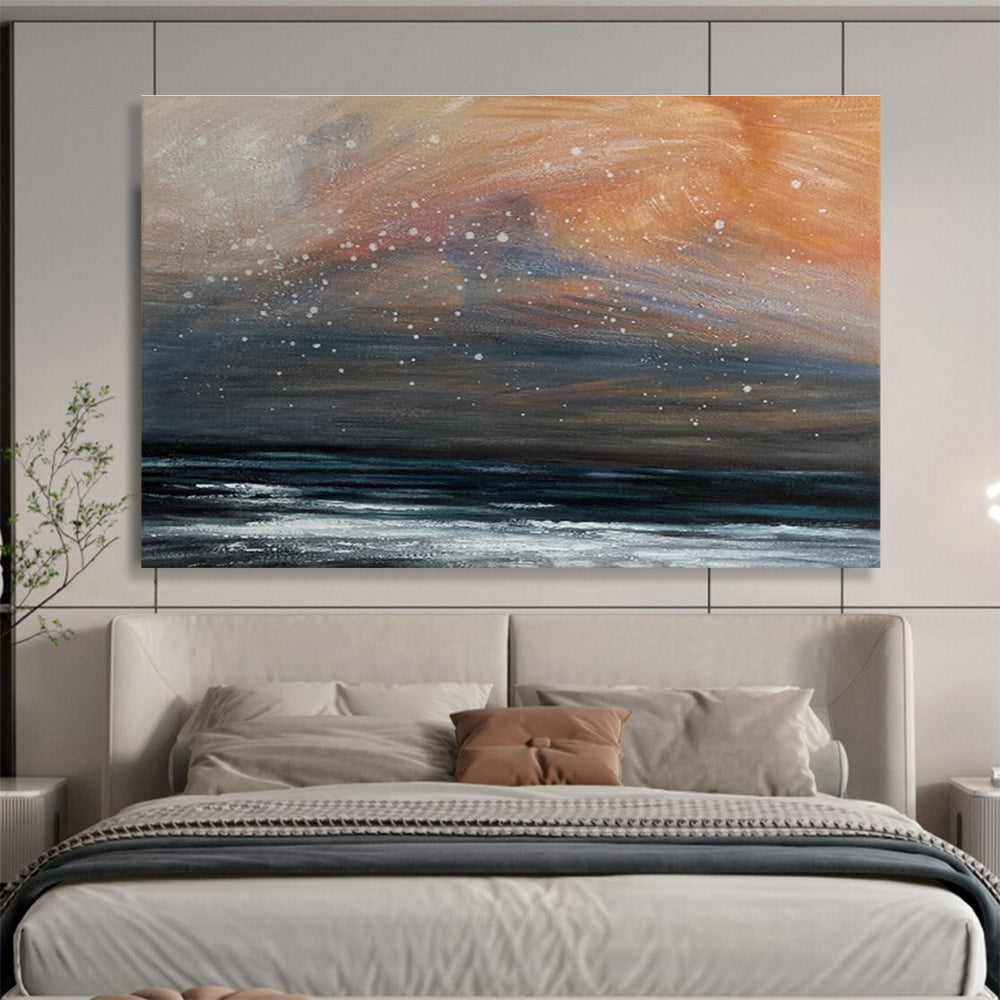 Orange and Gray Starry Shore “Dusk Sky Beach” Painting On Canvas DKH110
