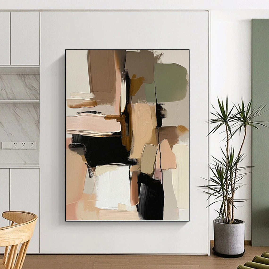 Earth Tones & Black Shapes - Abstract Geometric Painting On Canvas DKH1240