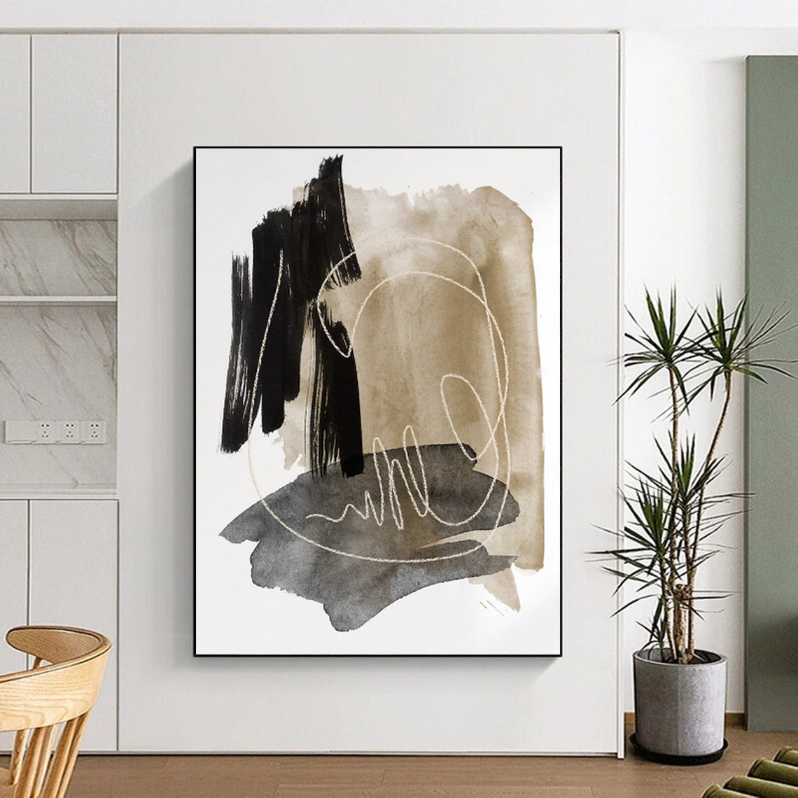 “Ink - Wash Abstract with White Lines” - Black, Beige & Gray Watercolor - Style Painting On Canvas DKH0969