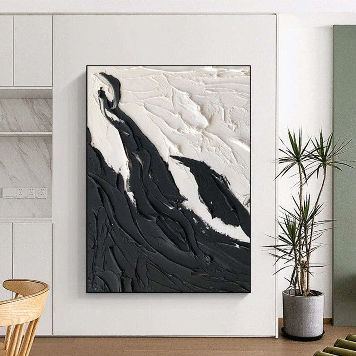 “Black, White Textured Peaks ‘Mountain Serenity’” - Abstract Impasto Painting On Canvas DTP395