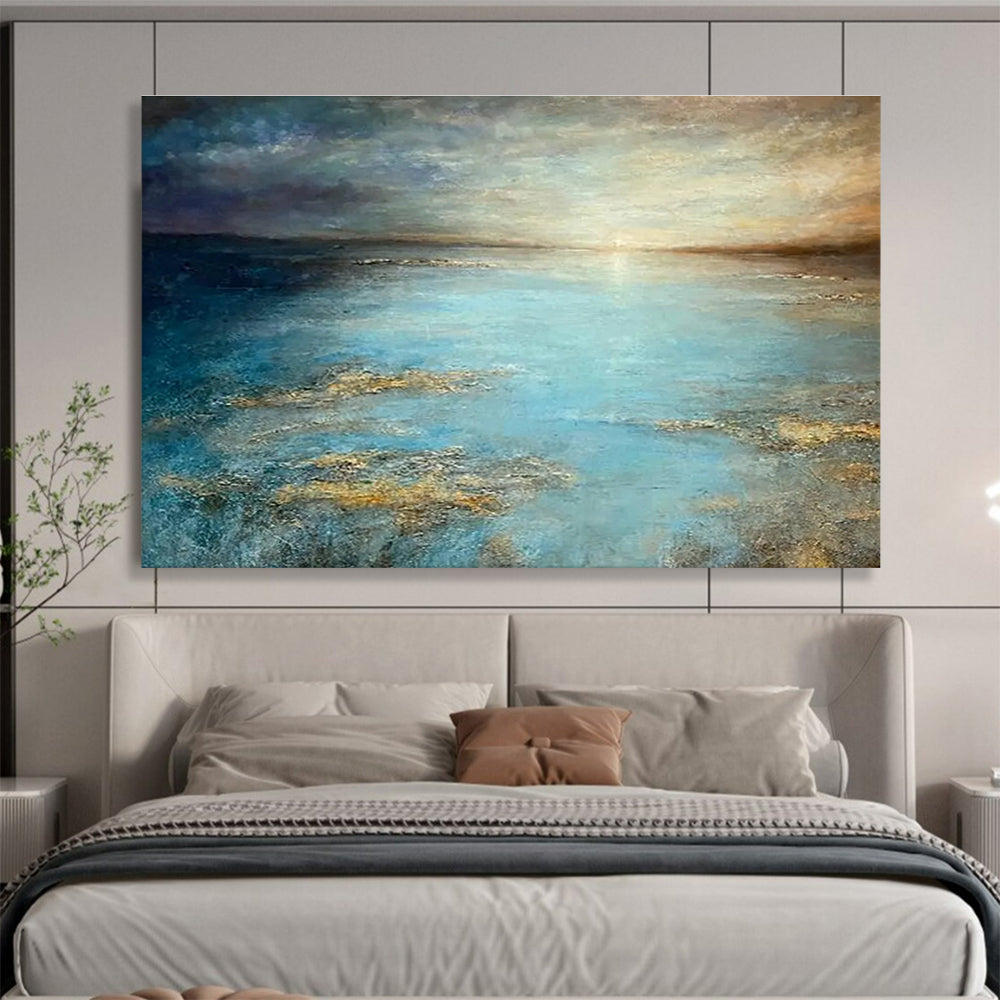 “Golden - Hued Blue Sea and Sky” - Impressionistic Seascape Painting On Canvas DKH771