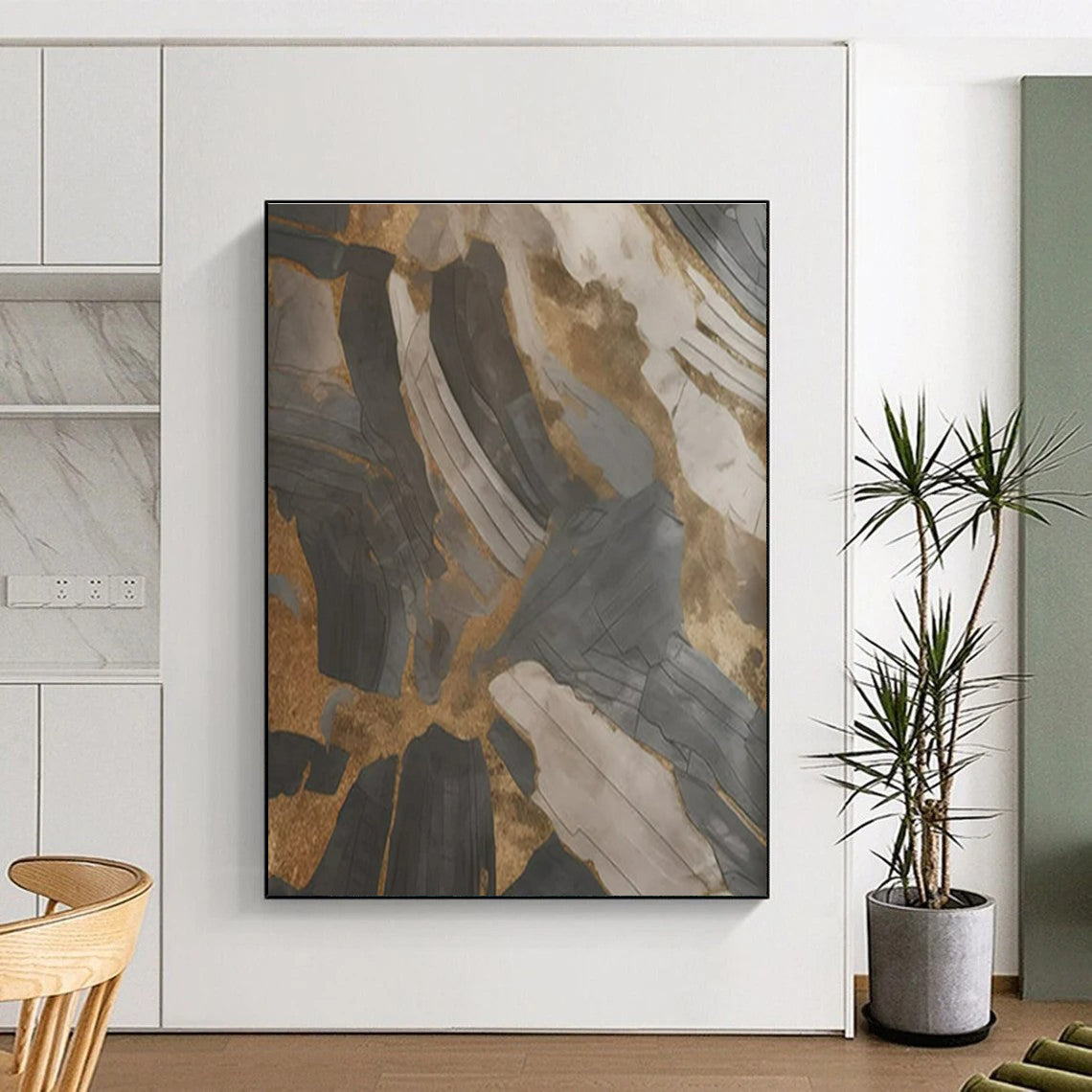 “Gray - Gold Abstract Textures” ,Abstract Mixed - Media Painting CT0849