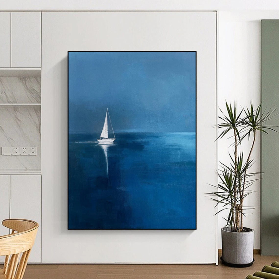 “Midnight Sail: Solitary Boat on Blue” - Minimalist Nautical Oil on Canvas CT1877