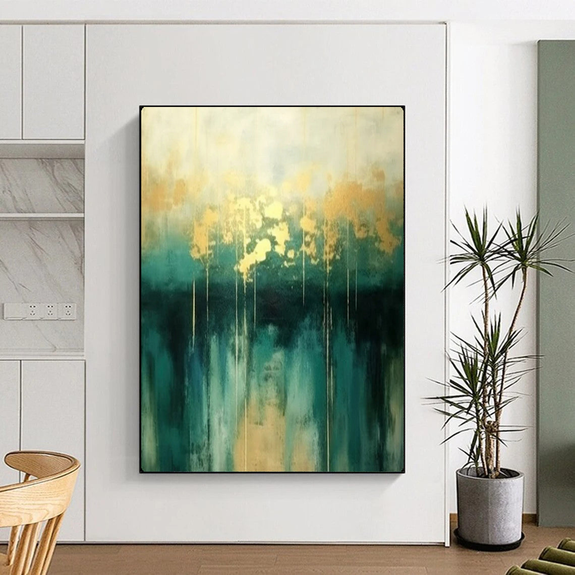 “Teal and Gold Abstract Art” – Minimalist Oil Painting On Canvas CT2168