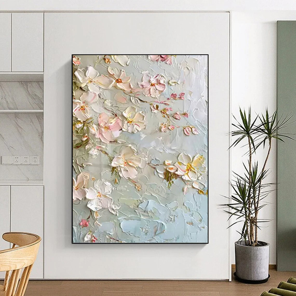 Light Blue and Pink Floral Blossom - Textured Flower Painting On Canvas DKH1392