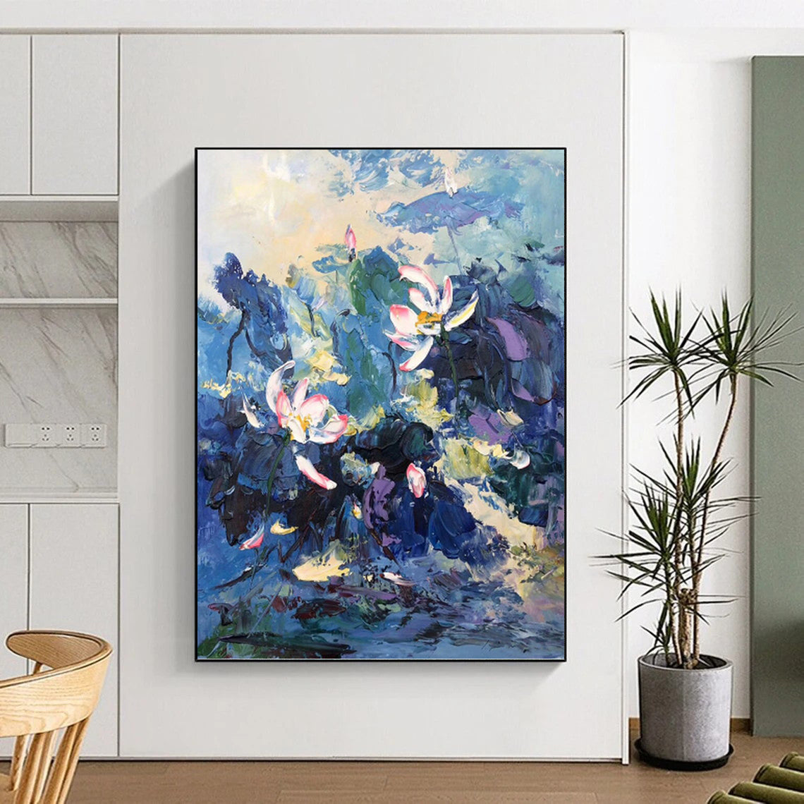 Impasto Lotus in Blue Hues - Impressionistic Floral Painting On Canvas DKH1298
