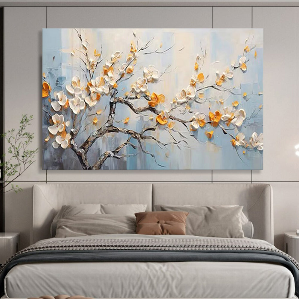 Blooming Tree with White and Orange Flowers - Impasto Floral Painting On Canvas DLZ202