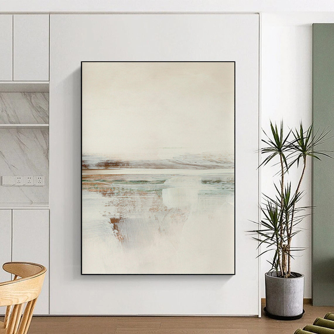 “Soft Tones Coastal View” - Beige, Blue, Green Abstract Landscape Painting On Canvas DTP225