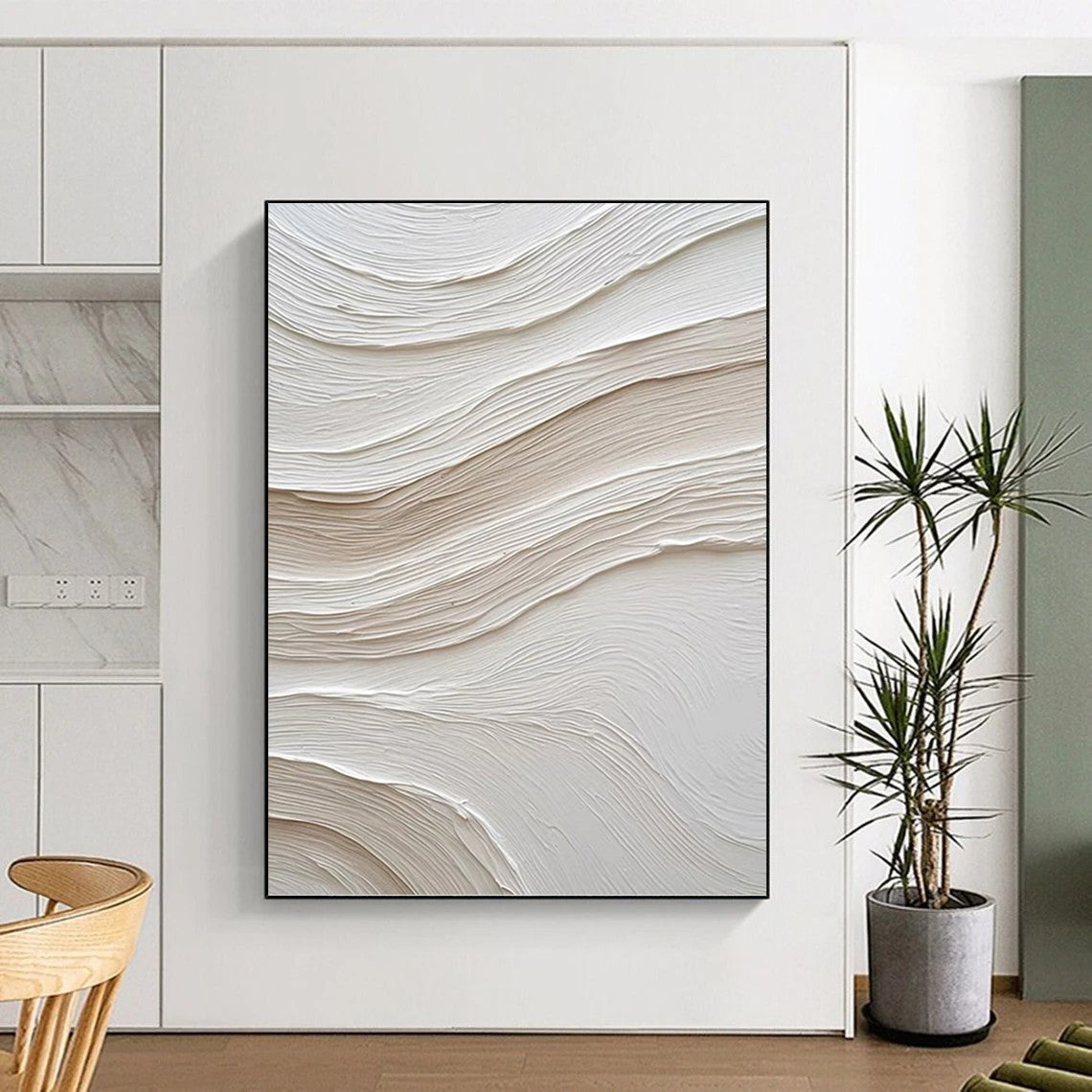“Textured White & Beige Waves” - White & Beige Minimalist Textured Painting On Canvas DKH1024