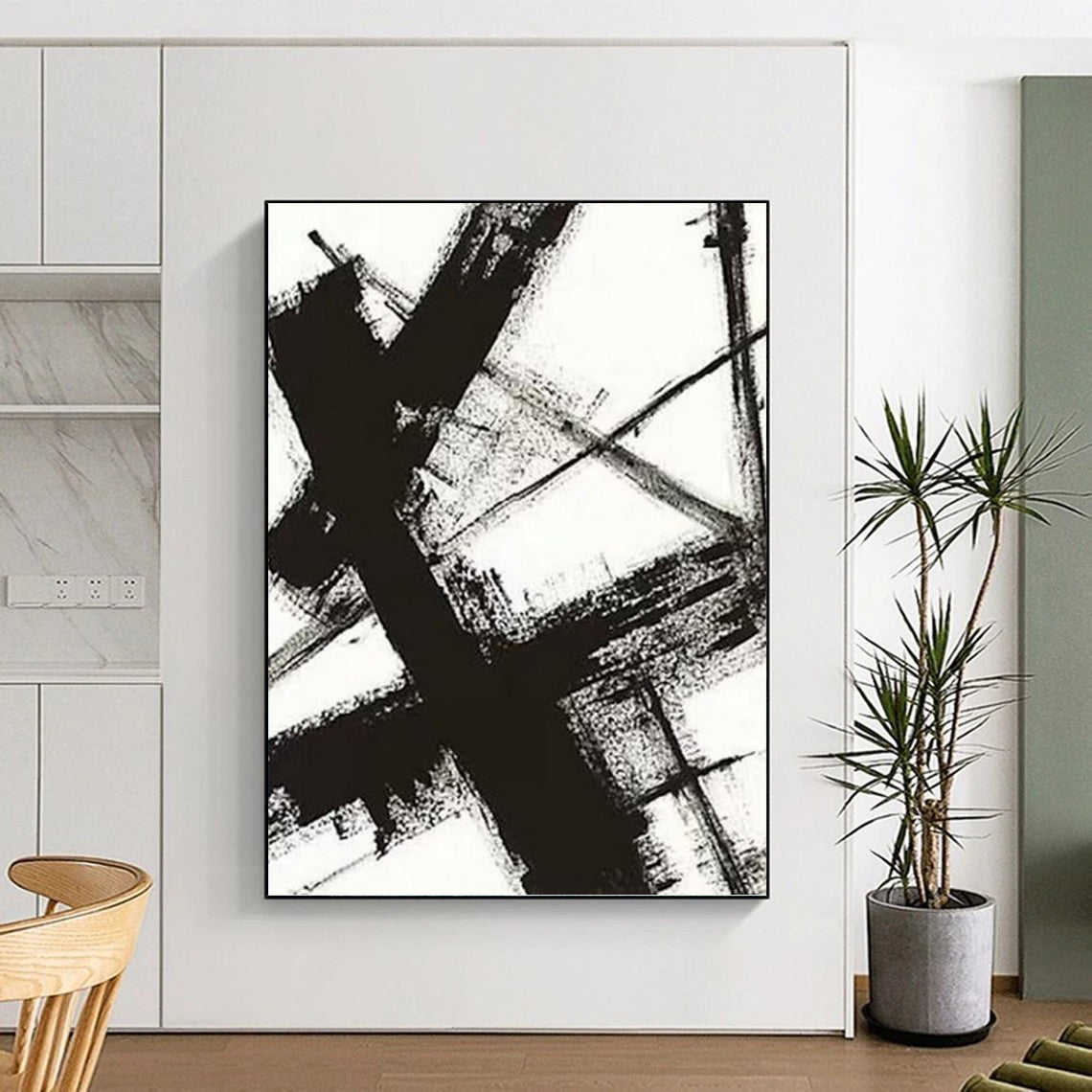 “Black & White Abstract Strokes” - Black & White Bold Minimalist Painting On Canvas DKH1028