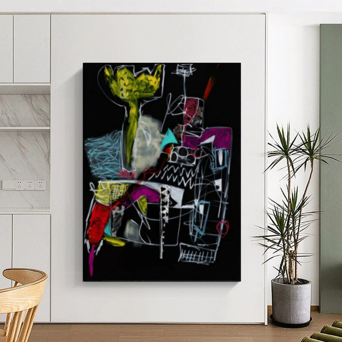 “Dark Abstract Sketch” - Neon, White, Black Expressive Drawing Painting On Canvas DTP294