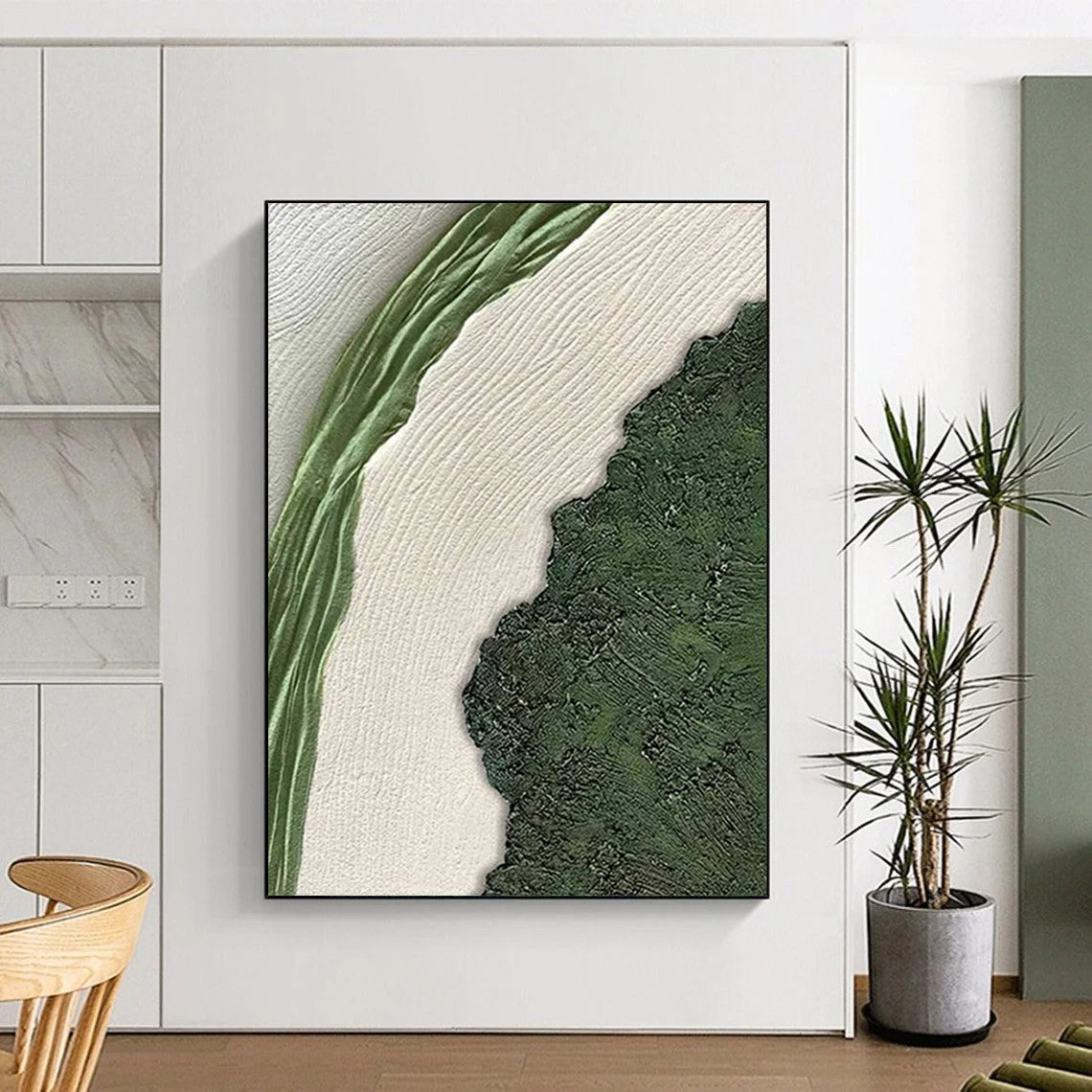 “Green, White, Textured Nature ‘Leafy Contrast’” - Minimalist Abstract Painting On Canvas DTP316