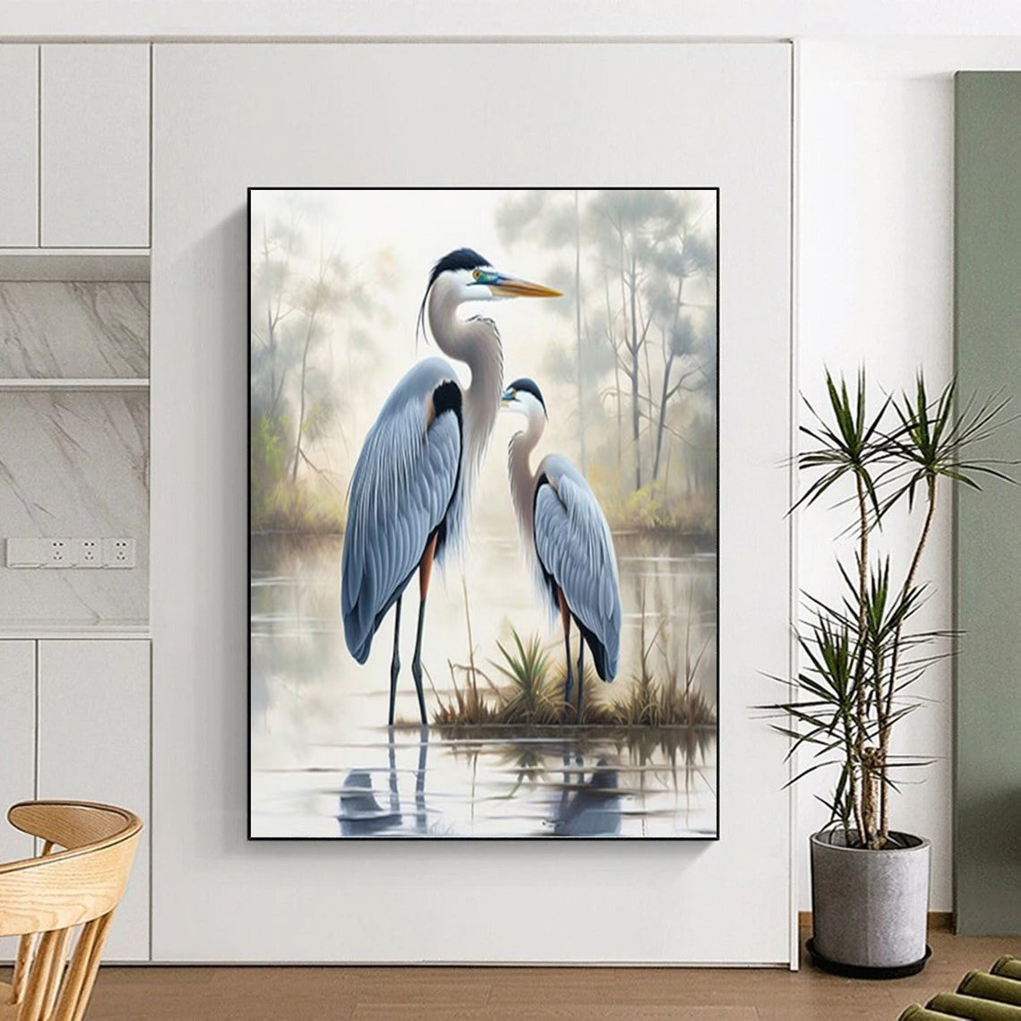 Blue Herons in Misty Marsh - Realistic Wildlife Painting On Canvas DKH1400