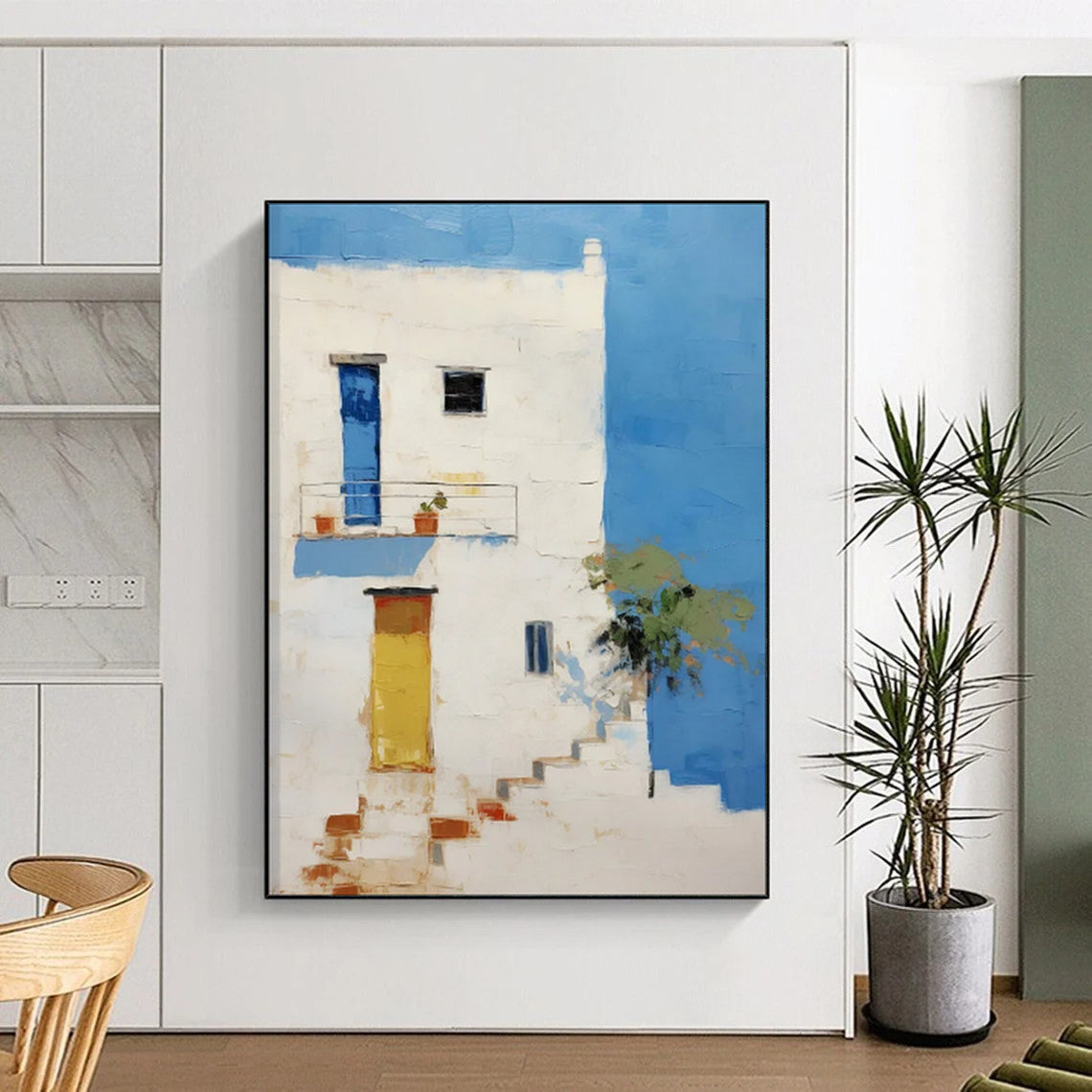 White Building, Blue Sky, Colorful Doors - "Mediterranean Charm" - Impressionistic Architectural Painting CT1837