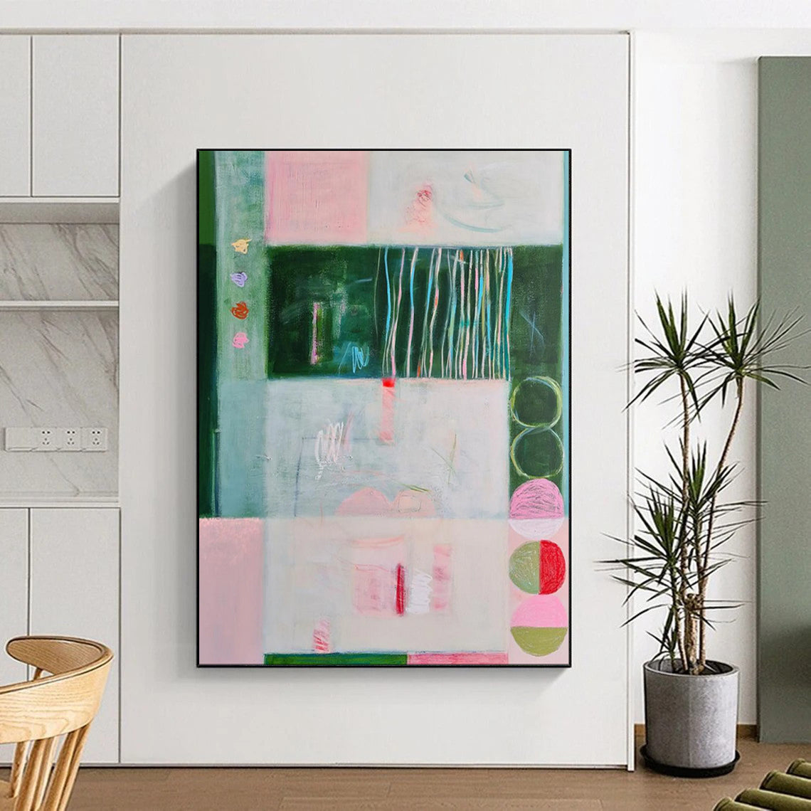 Pink, Green, Geometric Forms - "Soft Structure" - Abstract Geometric Painting CT1852