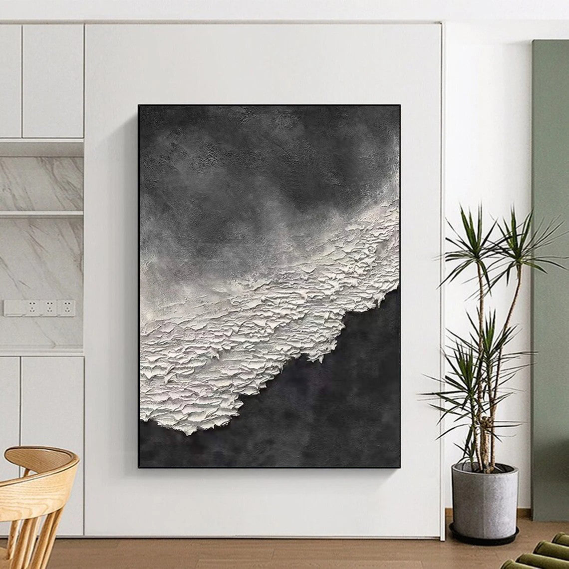 “Black, White Textured Contrast ‘Shadow & Light’” - Impasto Abstract Painting On Canvas DTP339