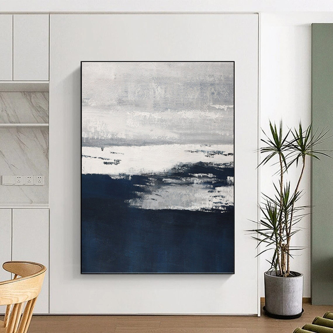 “Moody Horizons” - Gray, White & Navy Abstract Landscape - Inspired Painting On Canvas DKH1540