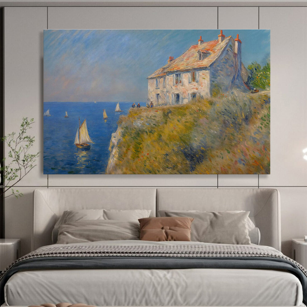 Coastal House with Sailboats Impressionist Painting On Canvas DKH222