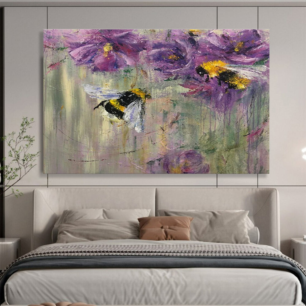 “Buzzy Floral Delight” - Purple, Yellow, Black Bee & Flower Impressionistic Painting On Canvas DKH718