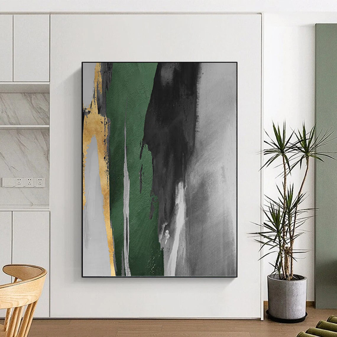 “Gold, Green & Gray Abstract Drips” - Gold, Green, Gray & Black Abstract Painting On Canvas DKH1198