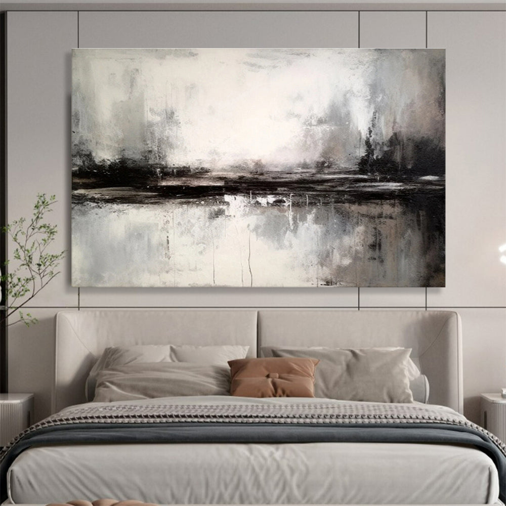 Black and White Abstract Landscape “Moody Monochrome Horizon” Painting On Canvas DKH153