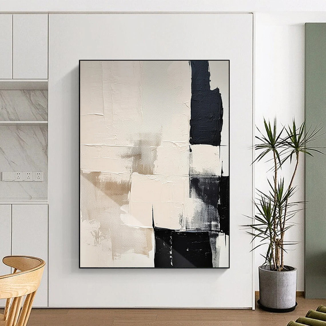 “Black - White - Beige Abstraction” - Minimalist Abstract Painting On Canvas DTP056
