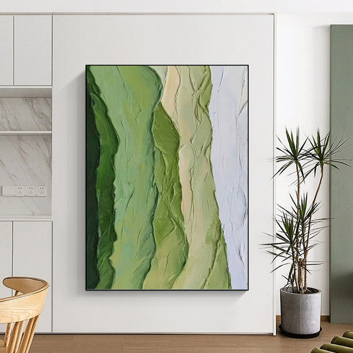 “Green Textured Ridges” - Green & White Impasto Abstract Painting On Canvas DKH1196