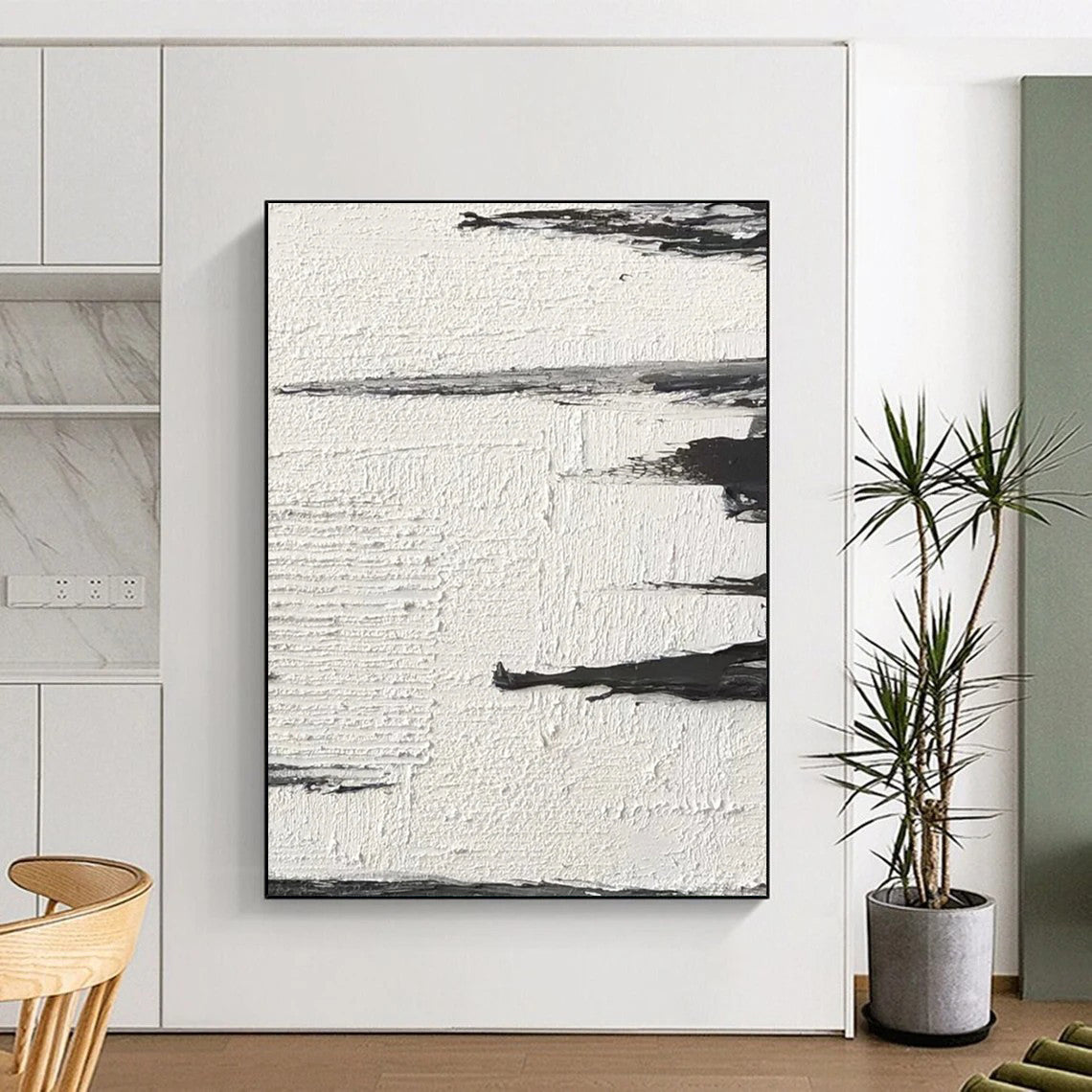 “White, Black Textured Strokes ‘Subtle Motion’” - Impasto Abstract Painting On Canvas DTP384
