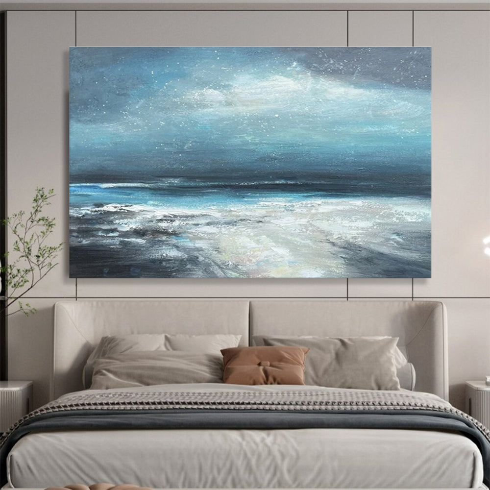 Deep Blue and Gray Starry Seaside “Nocturnal Coastal Serenity” Painting On Canvas DKH111