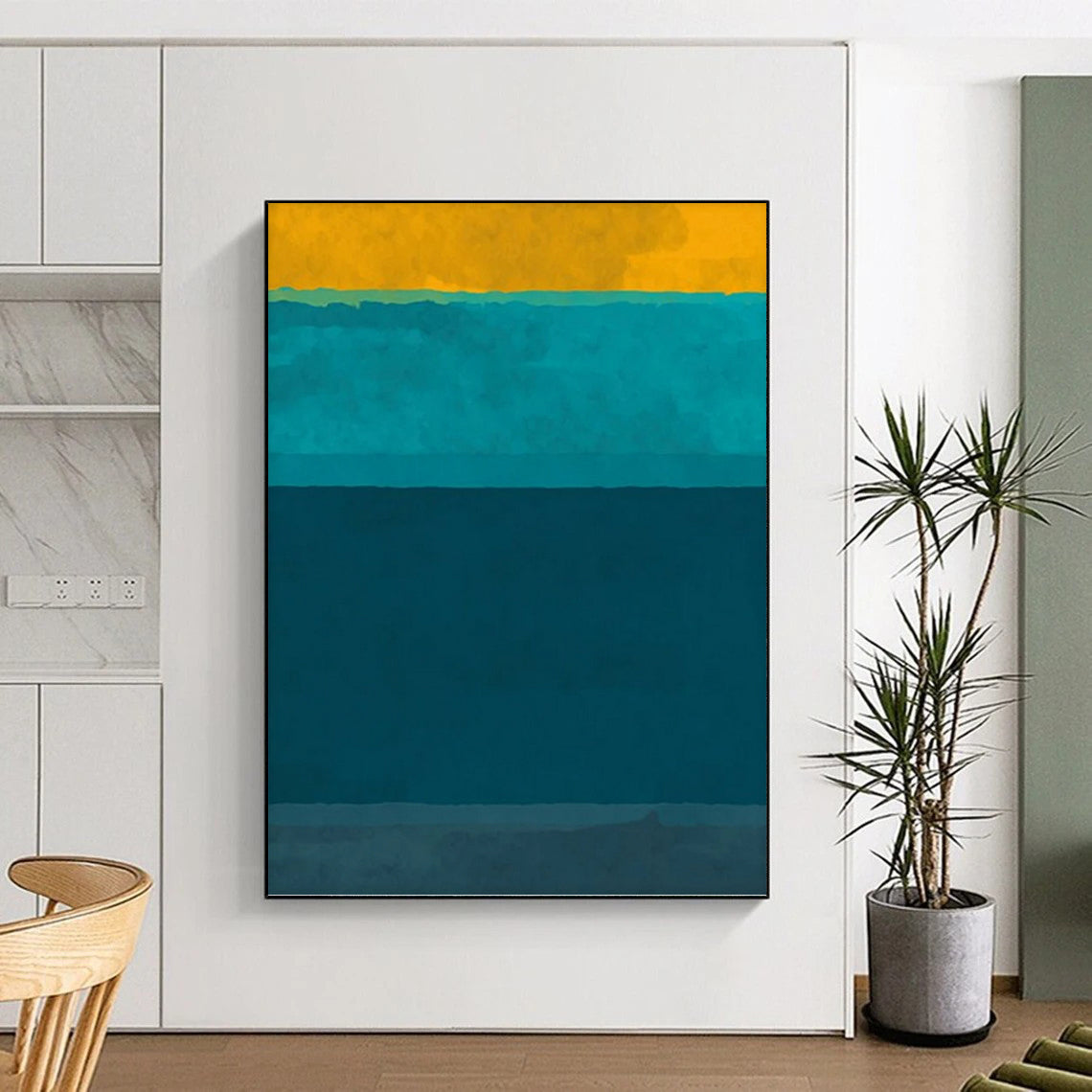“Sunny Yellow & Ocean - Blue Stripes” - Minimalist Color - Block Painting On Canvas DKH1623