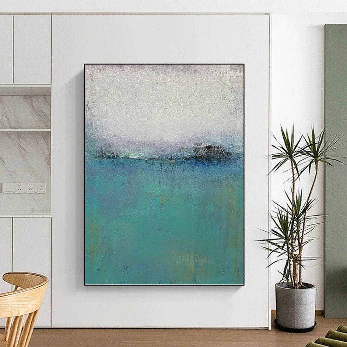“Misty Blue Horizons” - Blue, Teal & Gray Abstract Landscape Painting On Canvas DKH1197