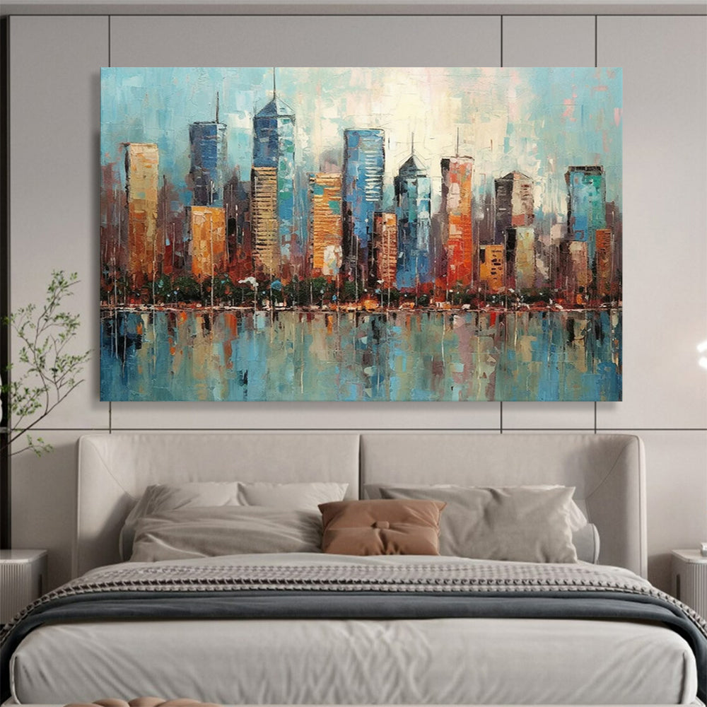 “Colorful Cityscape Reflection” Cityscape Painting On Canvas DLZ077