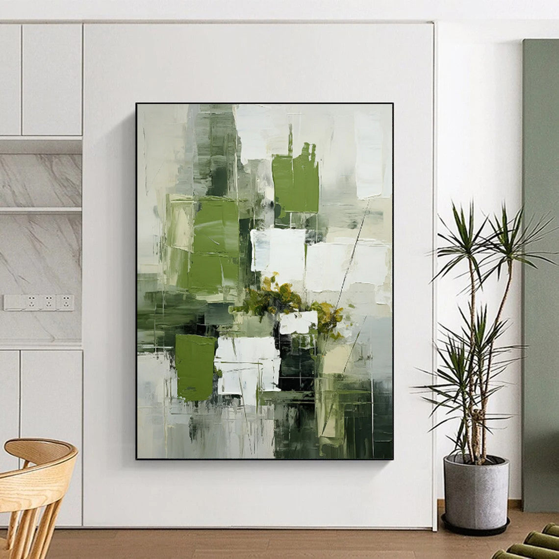 Green & White Geometric Floral - Abstract Still - Life Painting On Canvas CT2264