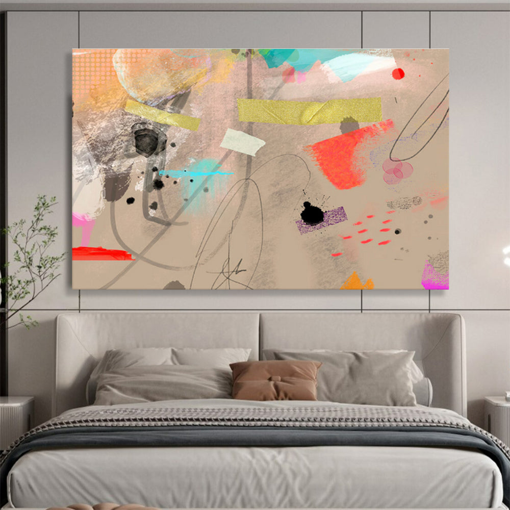 Eclectic Ink & Color Beige Colorful Splashes & Lines Painting On Canvas DKH204